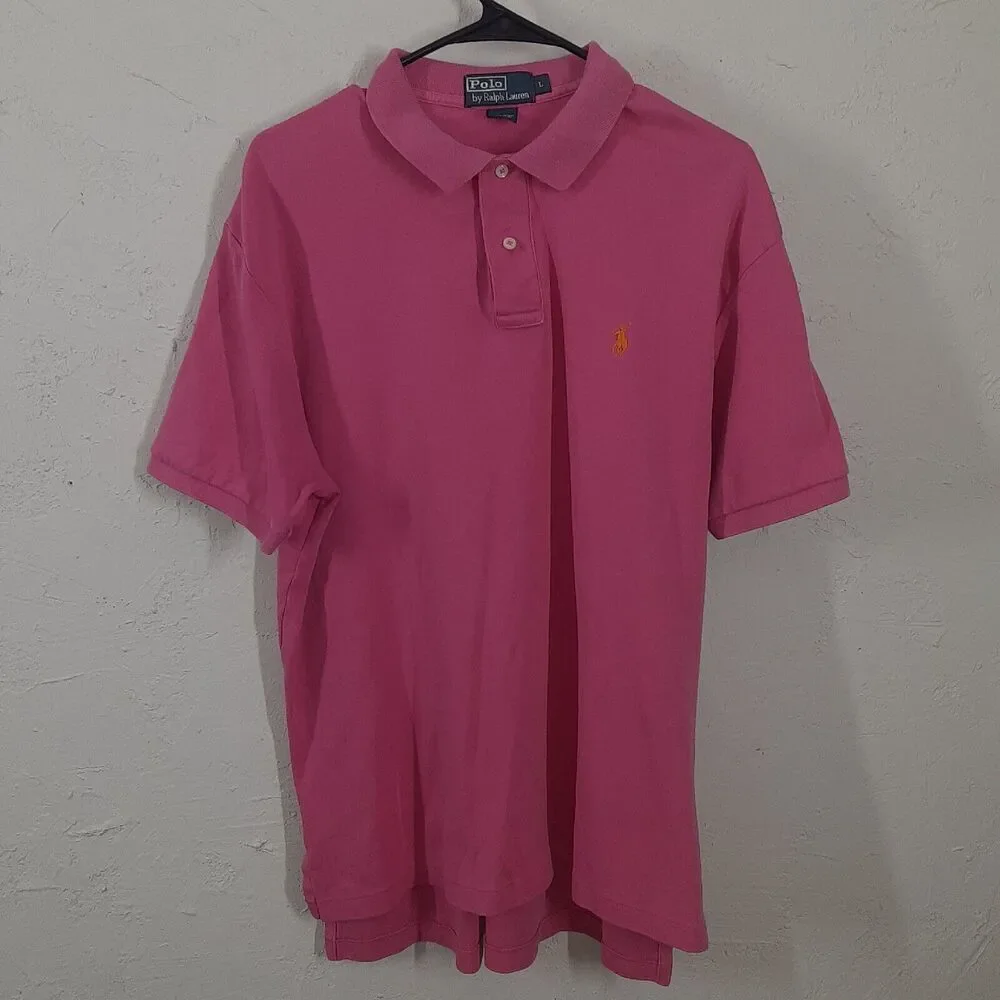 Polo Ralph Lauren Adult Mens L Large Pink Short Sleeve Shirt Orange Pony